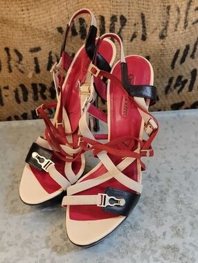 Cesare Paciotti Red & Beige Strappy High-Heel Sandals
